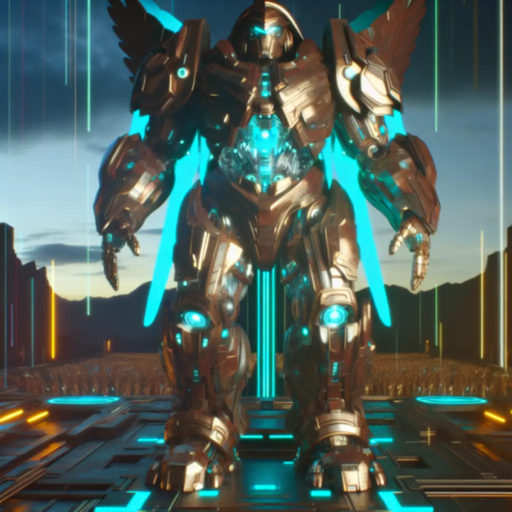 Monumentalny Mecha Guardian w cyber-brązowej zbroi, oświetlony neonowym turkusem i złotem