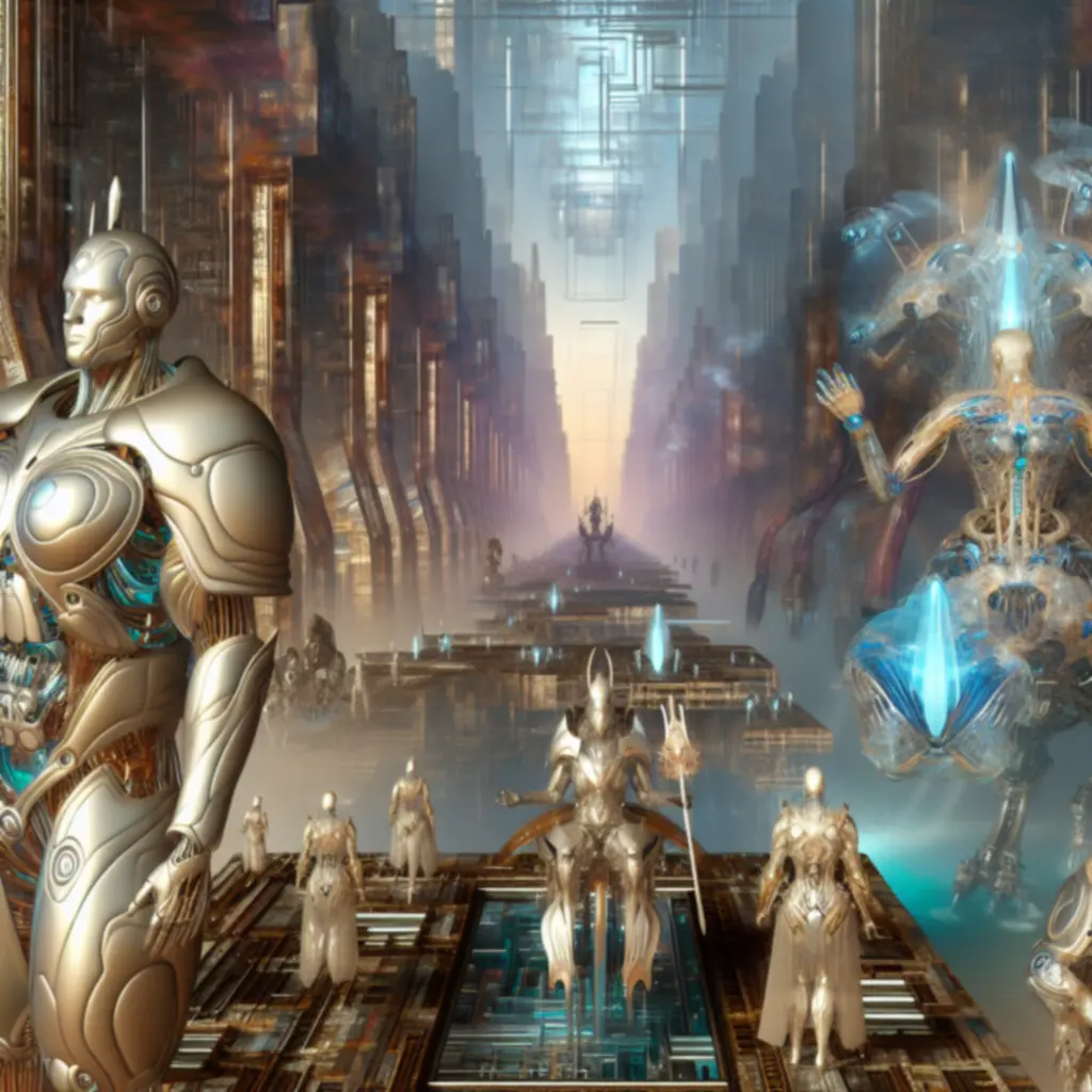 Panorama cyber-brązowego świata: opancerzeni bogowie i futurystyczne mecha-bestie na tle stalowych ruin, symbolizująca postęp i potęgę.
