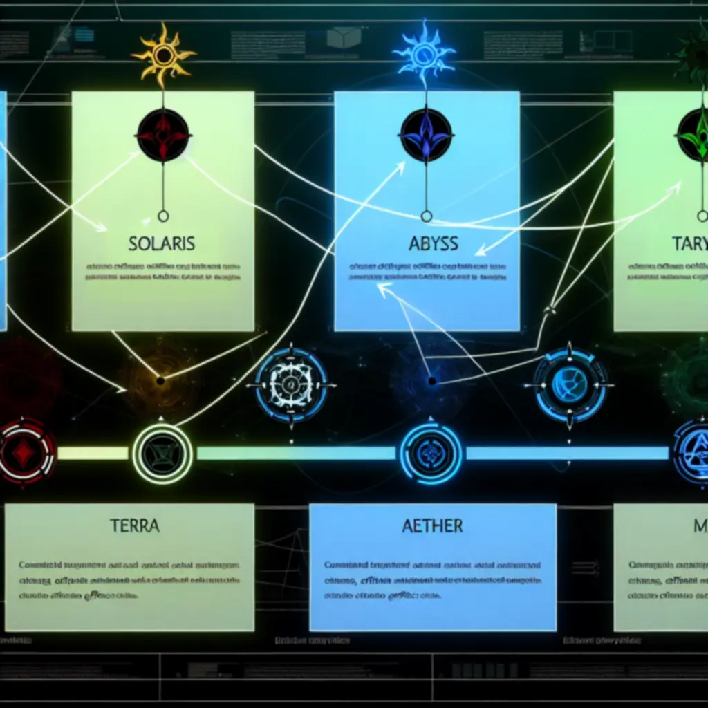 Infografika: połączenia frakcji Solaris, Abyss, Terra, Aether i Mecha — przykładowe bonusy i łańcuchy efektów