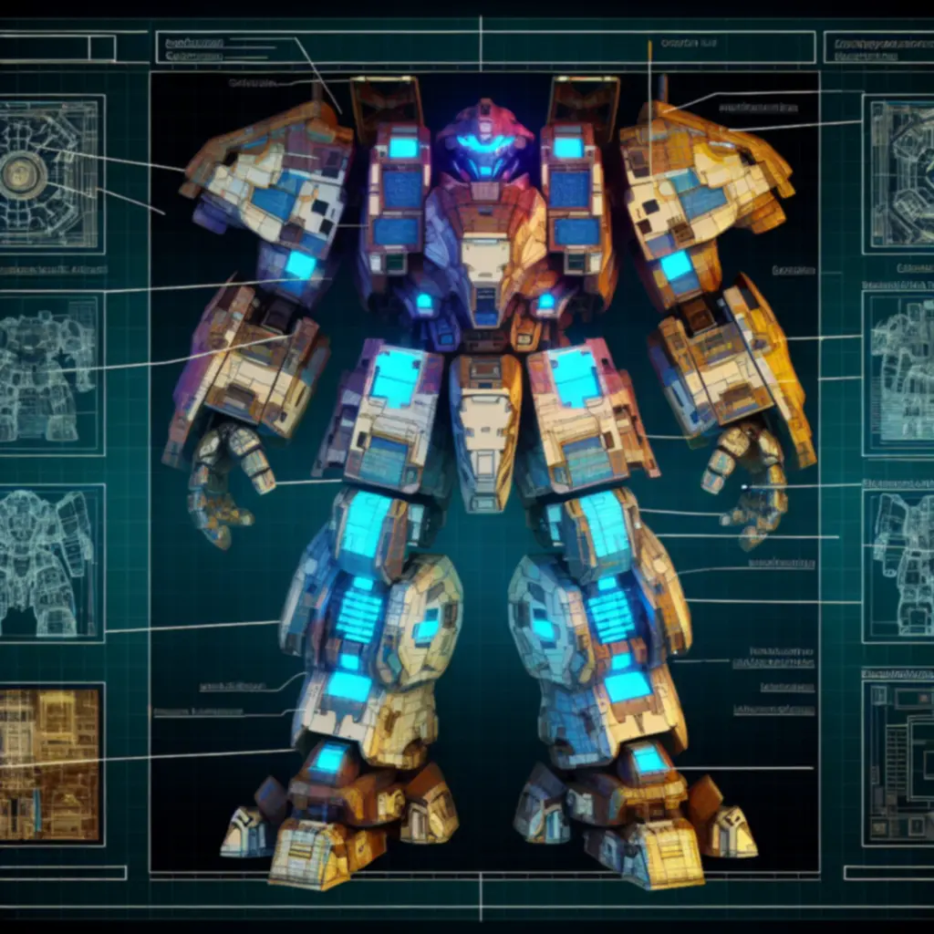 Szczegółowy schemat Mecha Guardiana z wyróżnionymi modułami