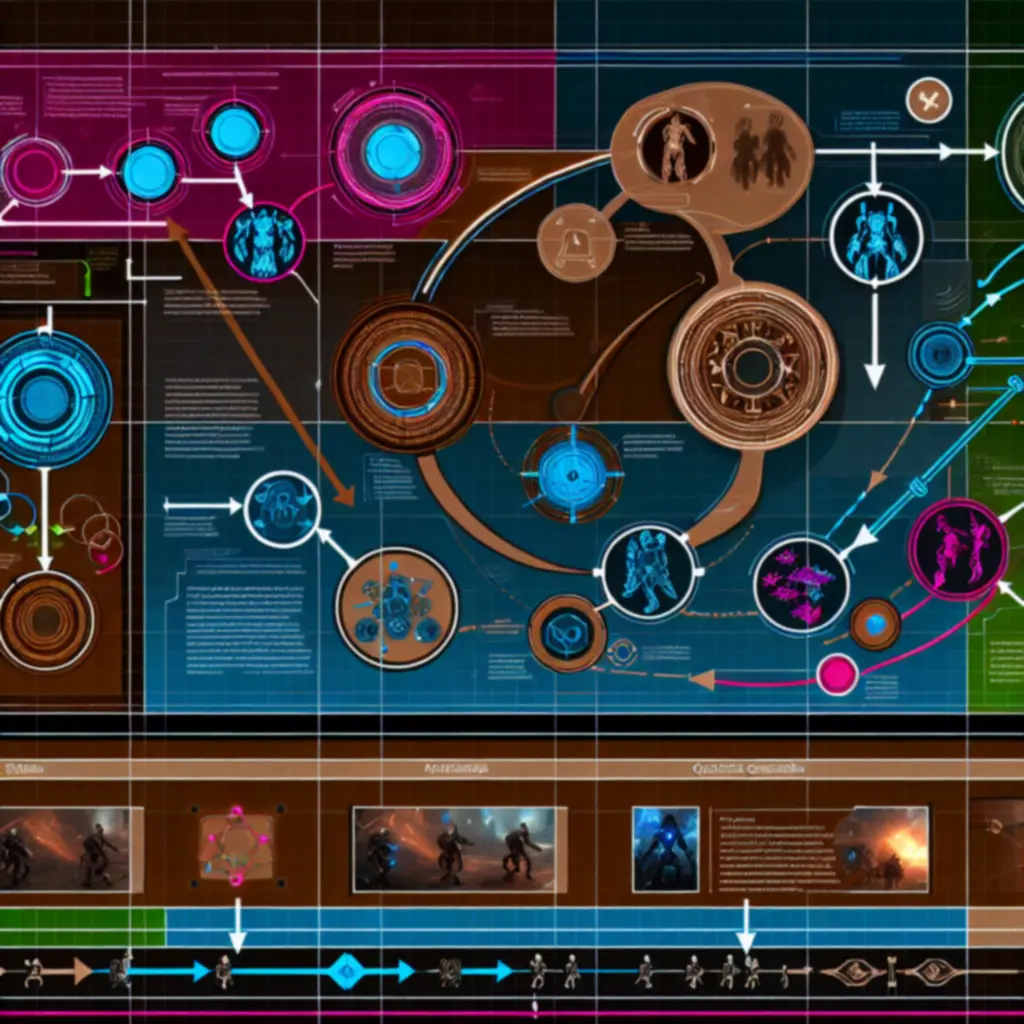 Infografika: rotacja A→B→C Triple Avatar, mapowanie synergii frakcji oraz zadania Mecha Guardians w fazach walki