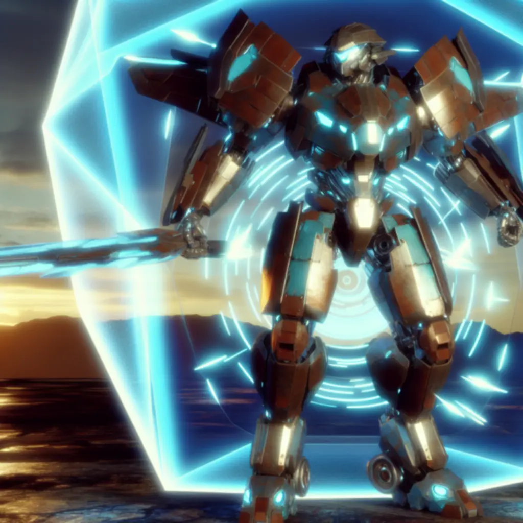 Mecha Guardian osłaniający linię frontu promieniującą tarczą w stalowo‑brązowej scenerii